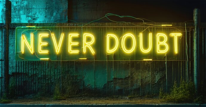 Naklejki Heavy neon sign never doubt in electric yellow and green buzzing over old fence with rough textures and glowing wires