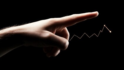Hand pointing to upward trend graph, black background