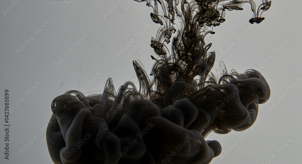 Poster abstract fluid dynamics capturing ink in water against light backdrop
