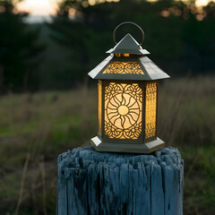 Decorative lantern glowing warmly on wooden post in evening outdoor setting