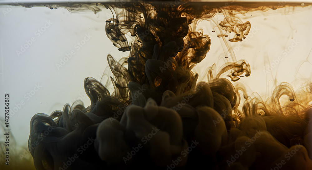 Poster abstract ink cloud in water forming complex shapes with depth