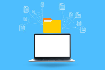 A laptop with an open screen displays file management connected to cloud storage systems