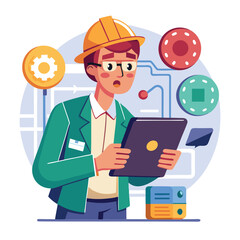 male engineer checks the program and discovers an error. Hand drawn style vector design illustrations vector