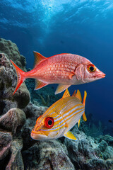 Naklejka premium Giant squirrelfish swimming in opposite direction to bluelined snapper