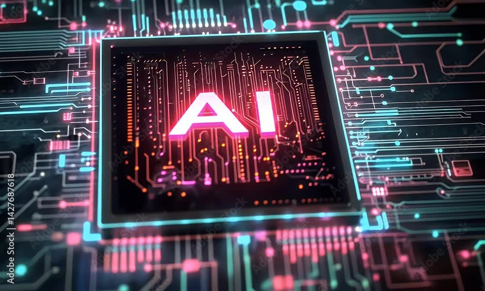 Poster a chip with the letters ai glowing on top of it, surrounded by circuitry and digital data streams, s