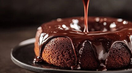 cinematic close-up of chocolate ganache being poured over cake, shiny glaze .