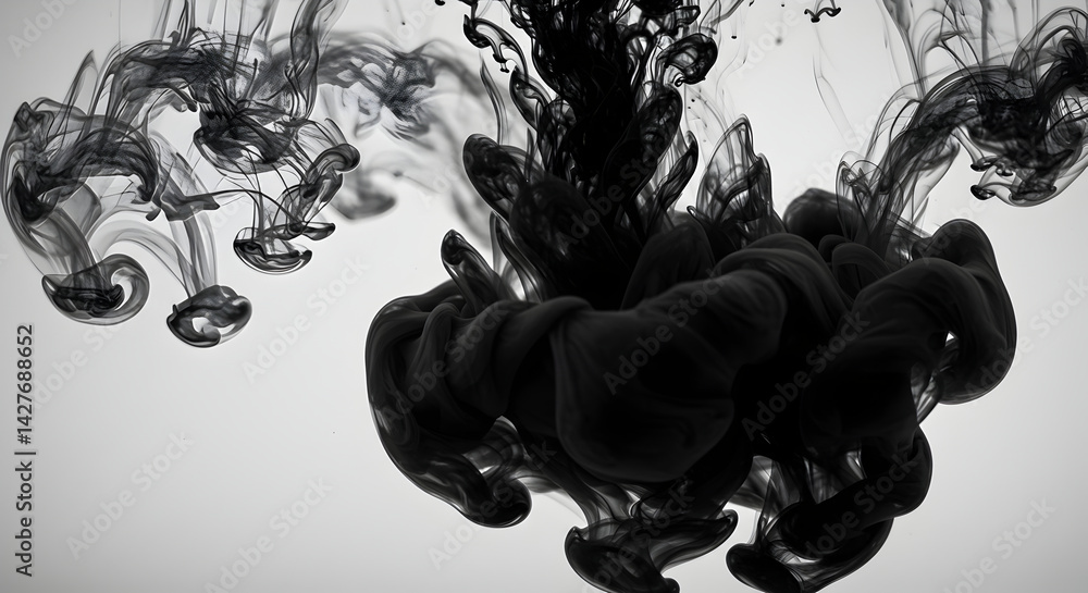 Poster abstract swirls of black ink creating visually striking cloud like forms