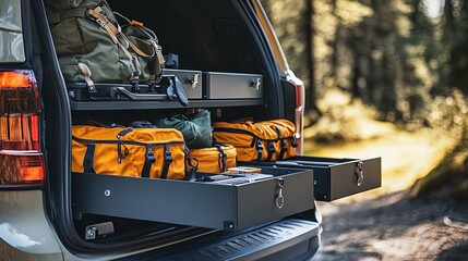 overlanding gear stowed inside modular drawers in SUV trunk .