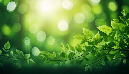 Lush green forest background with soft bokeh light effects and bright leaves.