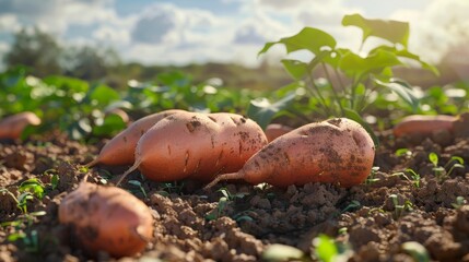 Sweet potato field on sunny day. Sweet Potato field. field. Sweet potato