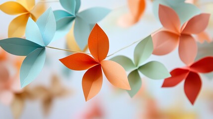 Recycled paper garlands in leaf and star shapes .