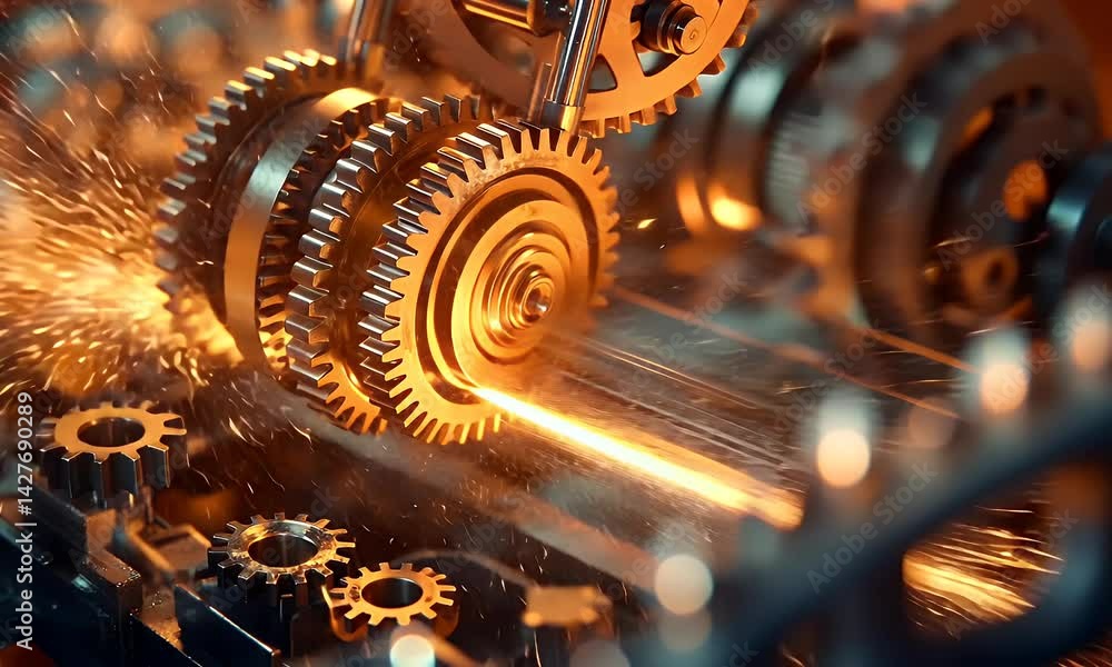 Poster a modern factory with high-tech equipment and glowing gears in motion, showcasing the use of ai tech