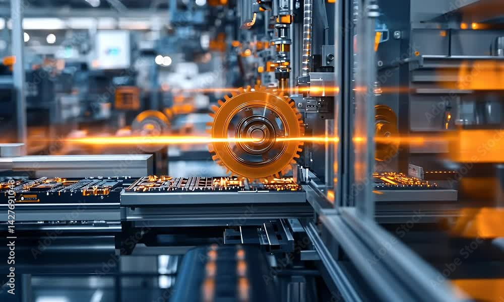Poster a modern factory with high-tech equipment and glowing gears in motion, showcasing the use of ai tech