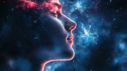 Obraz premium astral projection a human silhouette merging with the vast cosmos depicting interstellar travel and the profound connection between humanity and the universe