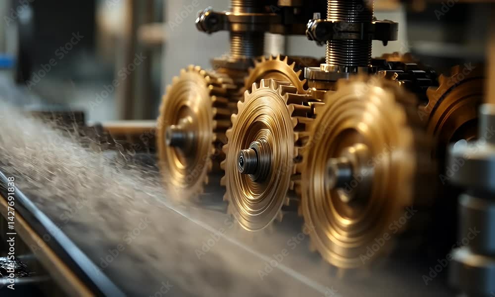Poster a modern factory with high-tech equipment and glowing gears in motion, showcasing the use of ai tech