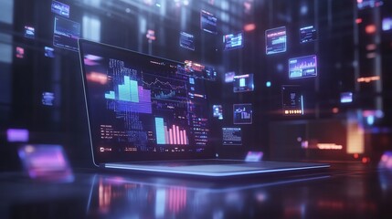 3D Data Analysis Dashboard with Charts, Graphs on Laptop for Business Software. Hologram Icons, Analytics Interface.