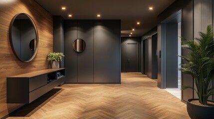 Modern classic apartment hallway. Stylish apartment. Cozy hallway interior. Apartment