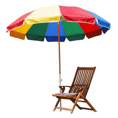 olorful beach umbrella with wooden chair, isolated on a transparent background