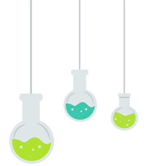 Cute smiling chemistry flasks and test tubes hanging with bubbles, ideal for science-themed designs, classroom posters, or educational content with a playful twist.