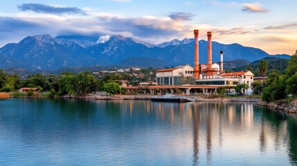 Serene lakeside view with industrial buildings and mountains in the background at sunset, reflecting colors in tranquil water with serene atmosphere