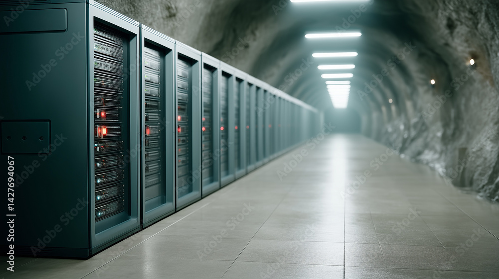 Poster digital fortress: a futuristic tunnel lined with rows of data servers, bathed in a cool, atmospheric