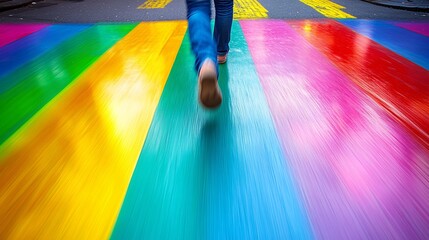 vibrant rainbow crosswalk with person walking on colorful pedestrian lane