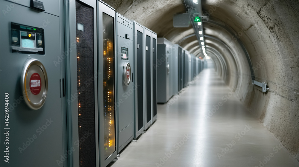 Poster server room in a concrete tunnel: a high-tech server room housed within a concrete tunnel. the serve