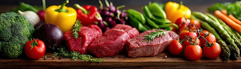 Panorama of fresh pet food in raw and uncooked concept. Fresh vegetables and meats arranged beautifully for a meal.