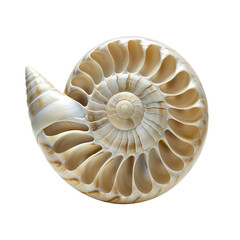Perfectly formed Nautilus shell showing intricate spiral pattern, viewed from side, isolated natural object, plain white background 