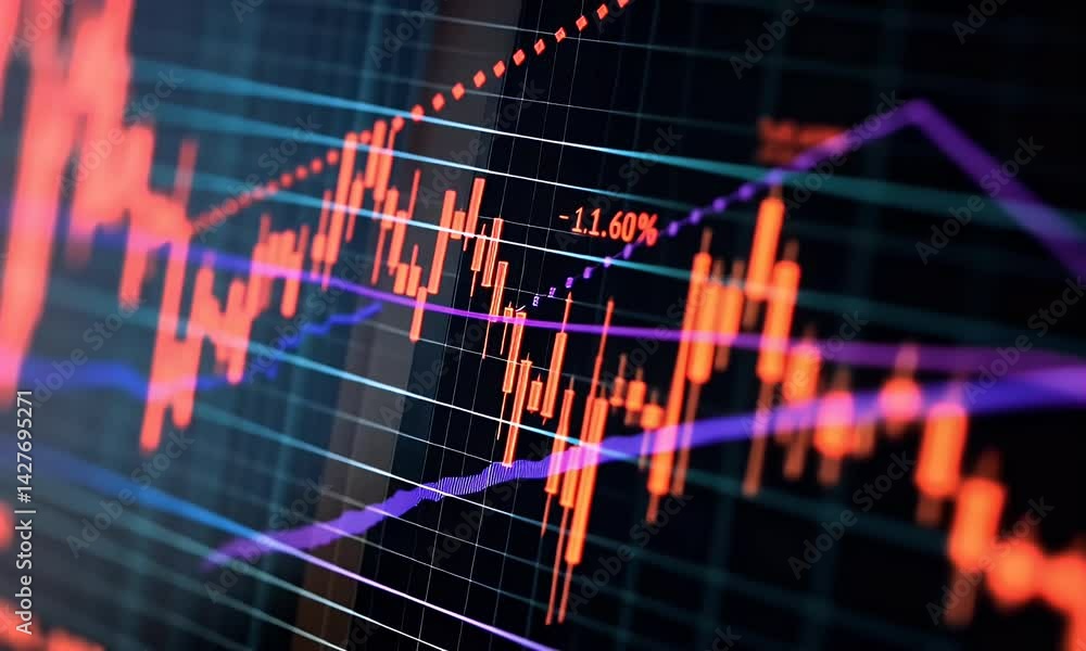 Poster a stock market graph with red and blue candlestick charts, displaying trending down arrows on the sc