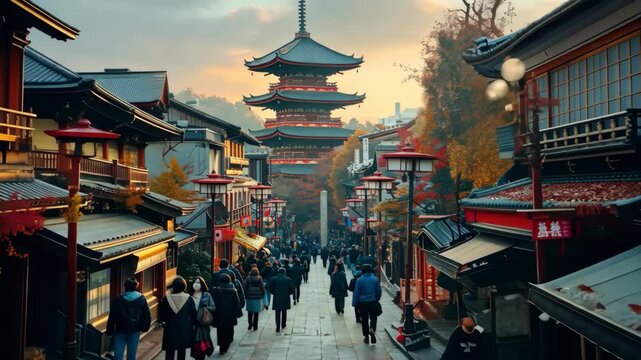 A busy street in a foreign country with people walking and a large building in the background. Scene is lively and bustling