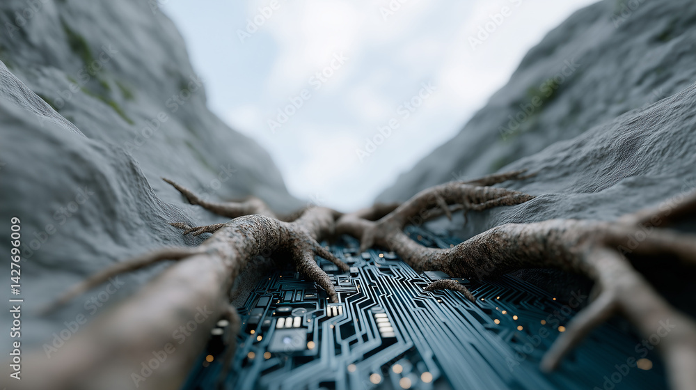 Poster digital nature's intertwined essence: a fusion of nature and technology, the image presents a striki