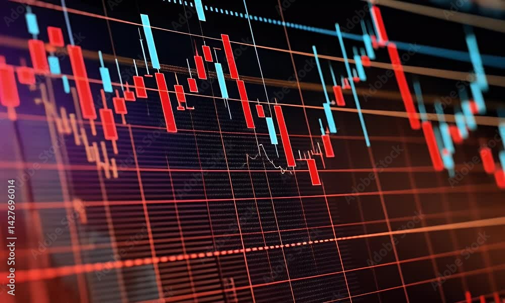 Poster a stock market graph with red and blue candlestick charts, displaying trending down arrows on the sc