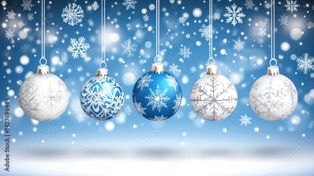 Poster a wintry holiday scene with hanging decorative ornaments showcasing intricate snowflake designs set 