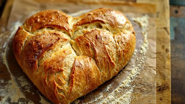 A heart shaped bread is sitting on a wooden table. The bread is made of flour and has a golden brown color