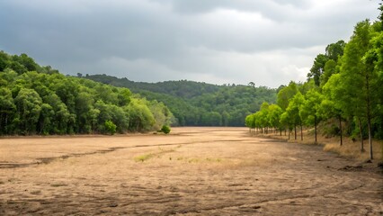 Animal Conservation Ecosystem Rehabilitation Concept, Dry landscape with sparse vegetation and overcast sky, highlighting environmental concerns.