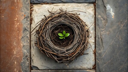 Animal Conservation Ecosystem Rehabilitation Concept, A small green plant sprouts from a nest made of twigs on a textured surface.
