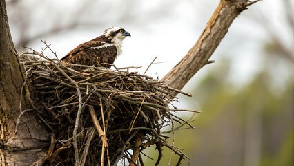 Animal Conservation Ecosystem Rehabilitation Concept, A bird sitting in its nest atop a tree branch in a natural setting.