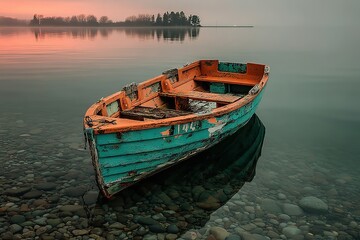 Fototapeta premium A small boat rests on still water near a rocky shore at dusk.