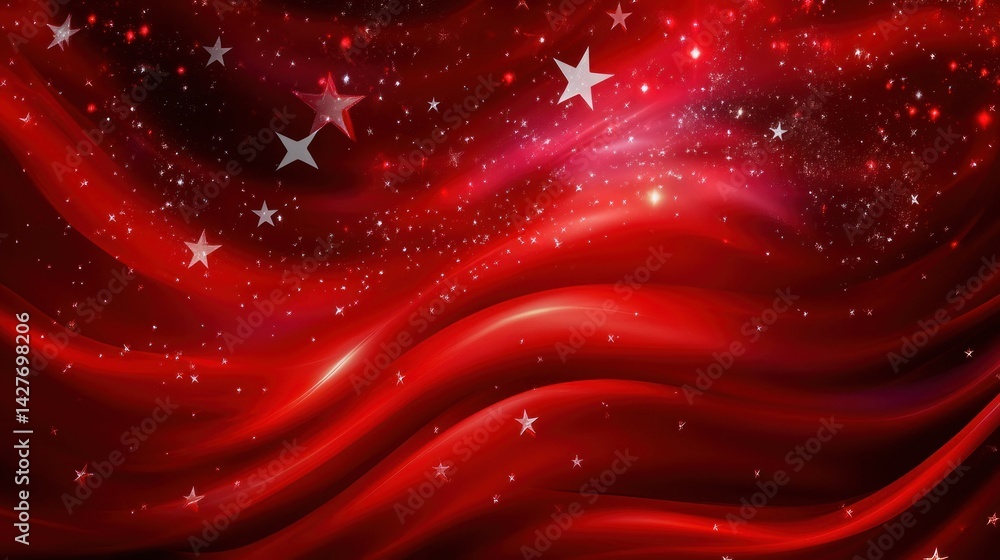 Poster red abstract background with flowing waves, stars and sparkles