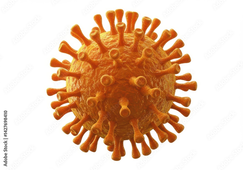 Aufkleber close up of an orange virus particle with spikes on a white background in a studio shot view