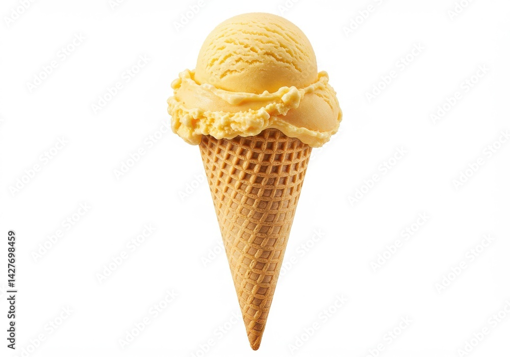 Poster a single vanilla ice cream cone with two scoops isolated on a plain white background in a studio sho