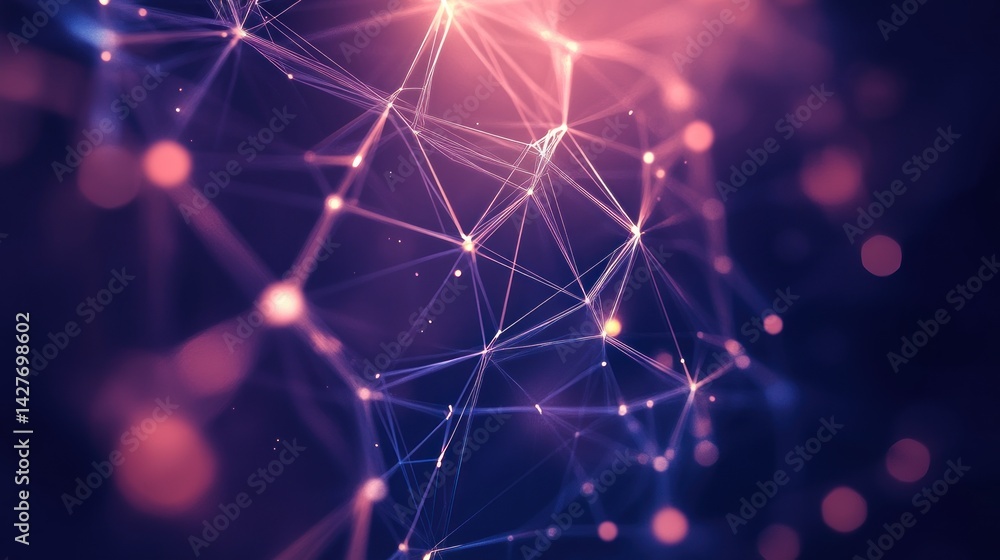 Poster a digitally rendered network formation with illuminated nodes and intersecting lines in a low poly s