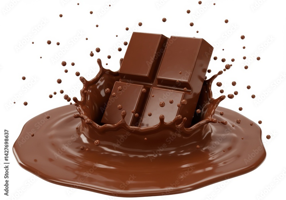 Poster a chocolate bar falling into a pool of liquid chocolate creating a splash on a white background