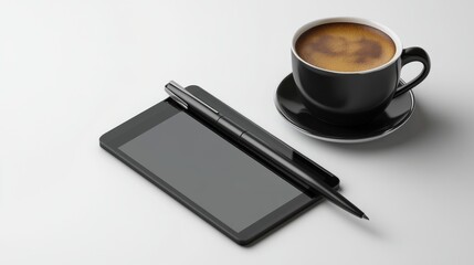 Minimalist floating office objects on white background: matte pen, glass tablet and steel cup with precise shadows, product visualization style