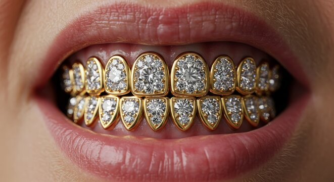 Closeup of Gold Grill with Diamonds Teeth