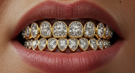 Closeup of Gold Teeth Grill with Diamonds