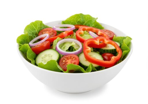 A vibrant salad with lettuce tomatoes cucumbers red pepper and onion rings in a white ceramic bowl view