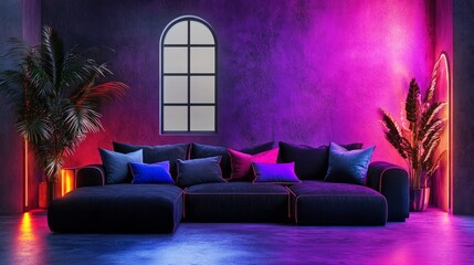 Interior mockup with corner sofa in black and neon cushions, arched window backdrop, and eclectic Boho-Rococo blend with glowing lights
