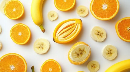 Banana slice isolated Cut bananas on white Set of banana slices on white background ,thin slicing different fruits on white background